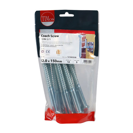 This is an image of Timco - Coach Screws - Hex - Zinc 12.0 x 150mm - (12 PCS TIMbag) 12150CSCB