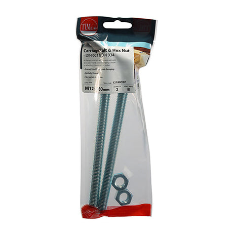 This is an image of Timco - Carriage Bolts & Hex Nuts - Zinc M12 x 180mm - (2 PCS TIMpac) 12180CBP