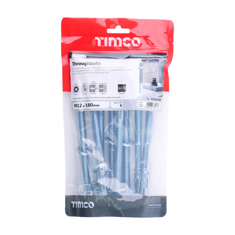 This is an image of Timco - Throughbolts - Zinc M12 x 180mm - (8 PCS TIMbag) 12180TBB