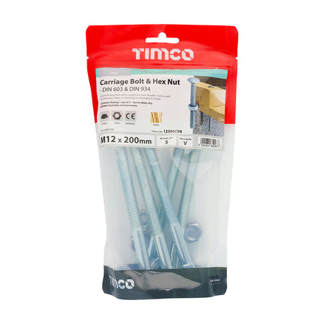 This is an image of Timco - Carriage Bolts & Hex Nuts - Zinc M12 x 200mm - (5 PCS TIMbag) 12200CBB