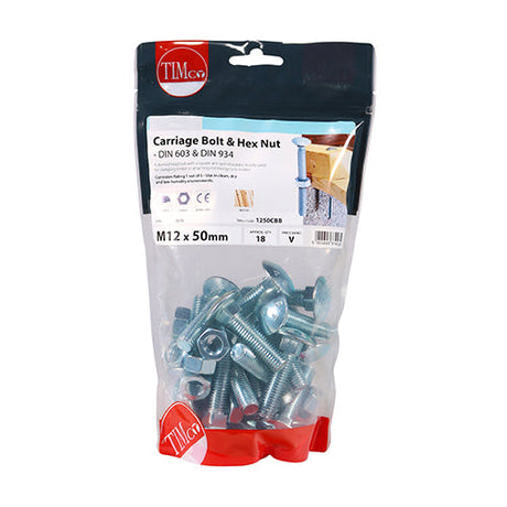 This is an image of Timco - Carriage Bolts & Hex Nuts - Zinc M12 x 50mm - (18 PCS TIMbag) 1250CBB