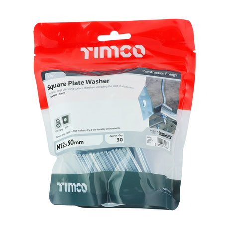 This is an image of Timco - Square Plate Washers - Zinc M12 x 50 x 50 x 3mm - (30 PCS TIMbag) 1250WHSPZB