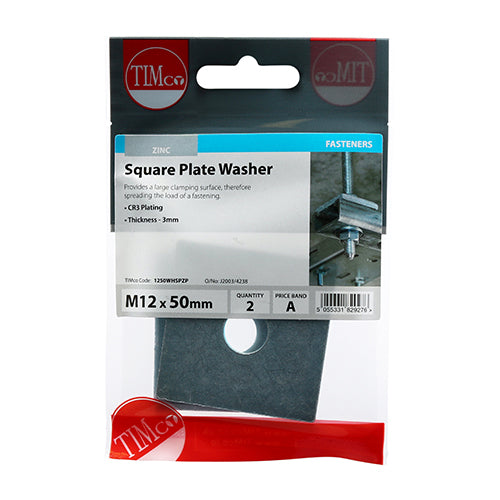 This is an image of Timco - Square Plate Washers - Zinc M12 x 50 x 50 x 3mm - (2 PCS TIMpac) 1250WHSPZP