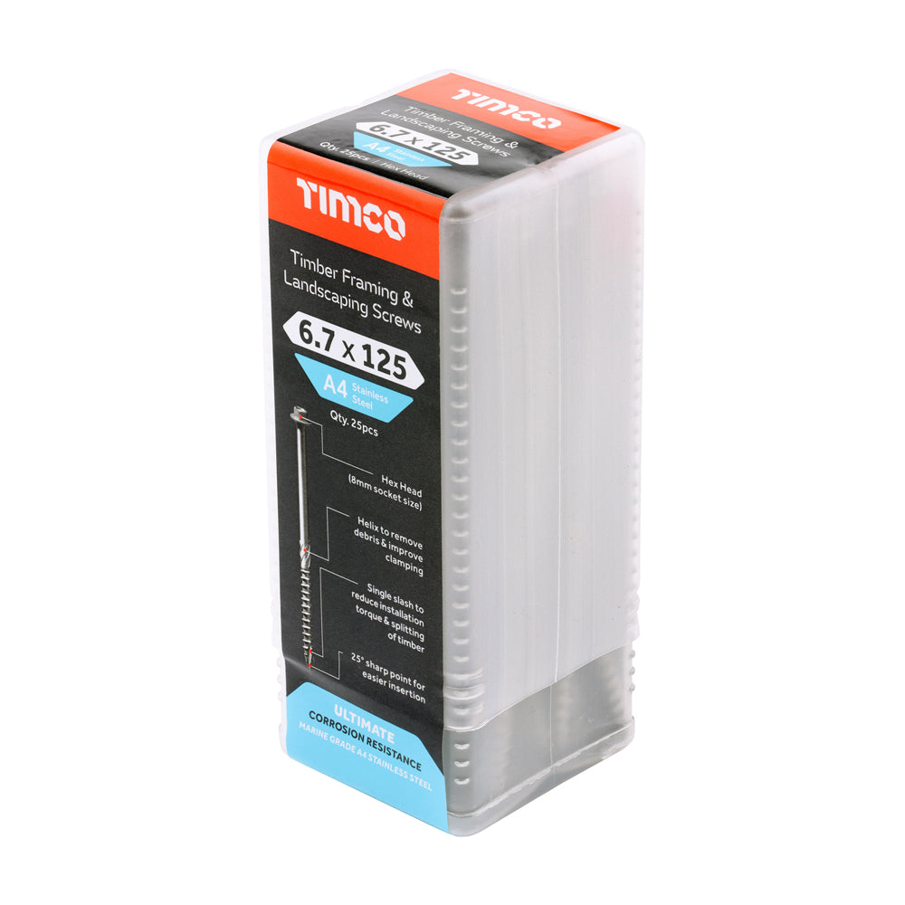 This is an image of Timco - Timber Frame Construction & Landscaping Screws - Hex - A4 Stainless Steel 6.7 x 125mm - (25 PCS Tube) 125INDEXSST