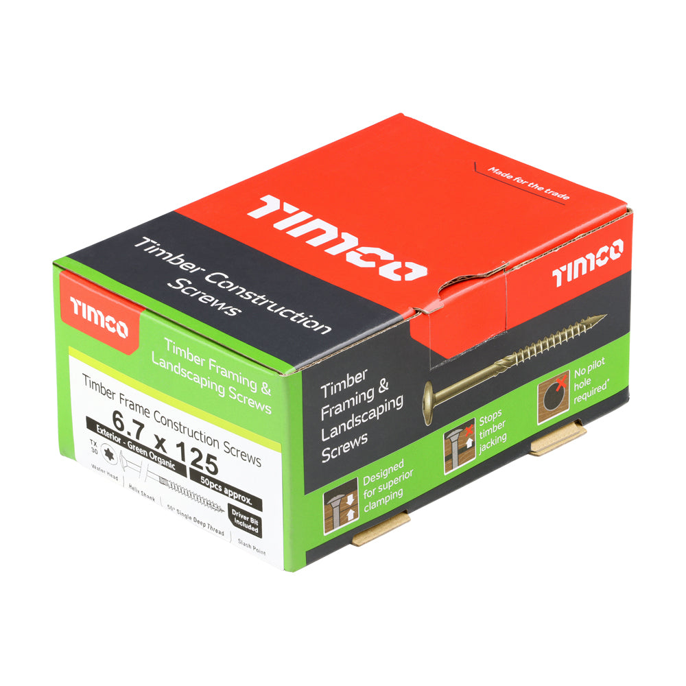 This is an image of Timco - Timber Frame Construction & Landscaping Screws - Wafer - Exterior - Green Organic 6.7 x 125mm - (50 PCS Box) 125INW