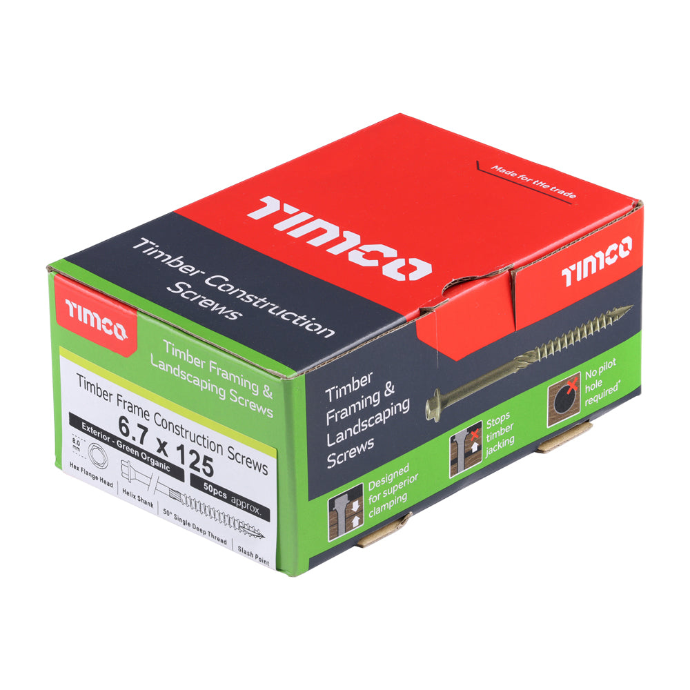 This is an image of Timco - Timber Frame Construction & Landscaping Screws - Hex - Exterior - Green Organic 6.7 x 125mm - (50 PCS Box) 125IN