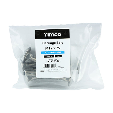This is an image of Timco - Carriage Bolts - A2 Stainless Steel M12 x 75mm - (5 PCS Bag) 1275CBSSX