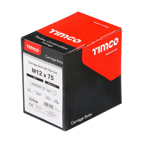 This is an image of Timco - Carriage Bolts & Hex Nuts - Zinc M12 x 75mm - (25 PCS Box) 1275CB