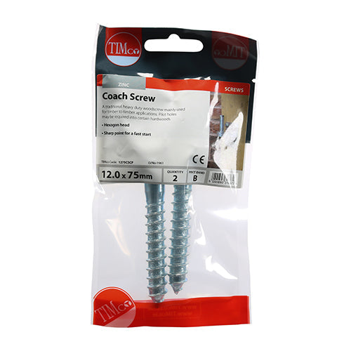 This is an image of Timco - Coach Screws - Hex - Zinc 12.0 x 75mm - (2 PCS TIMpac) 1275CSCP