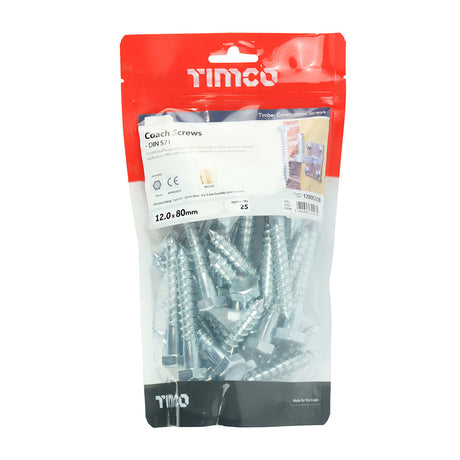 This is an image of Timco - Coach Screws - Hex - Zinc 12.0 x 80mm - (25 PCS TIMbag) 1280CSCB