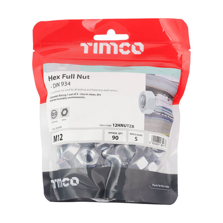 This is an image of Timco - Hex Full Nuts - Zinc M12 - (90 PCS TIMbag) 12HNUTZB