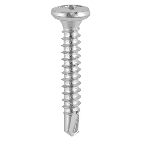This is an image of Timco - Window Fabrication Screws - Friction Stay - Pan - PH - Self-Tapping Thread - Self-Drilling Point - Martensitic Stainless Steel & Silver Organic 3.9 x 19mm - (1000 PCS Box) 136SS