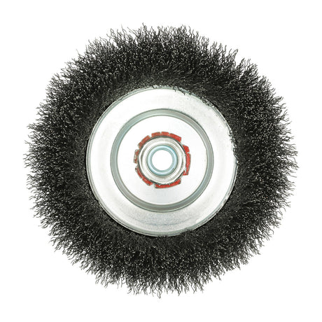 This is an image of Timco - Wheel Brush with Plastic Reducer Set - Crimped Steel Wire 150mm (1 Each Blister Pack) 150HWC