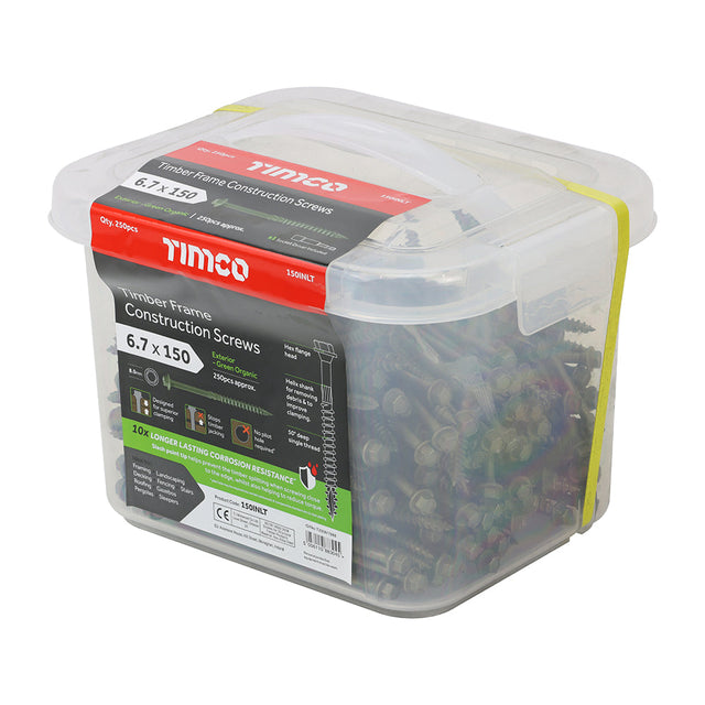 This is an image of Timco - Timber Frame Construction & Landscaping Screws - Hex - Exterior - Green Organic 6.7 x 150mm - (250 PCS Tub) 150INLT
