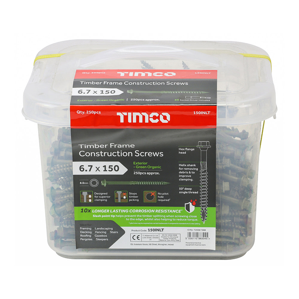 This is an image of Timco - Timber Frame Construction & Landscaping Screws - Hex - Exterior - Green Organic 6.7 x 150mm - (250 PCS Tub) 150INLT