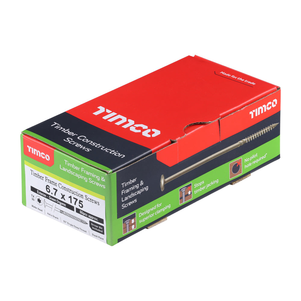 This is an image of Timco - Timber Frame Construction & Landscaping Screws - Wafer - Exterior - Green Organic 6.7 x 175mm - (50 PCS Box) 175INW