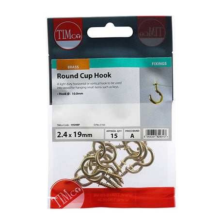 This is an image of Timco - Cup Hooks - Round - Electro Brass 19mm - (15 PCS TIMpac) 19SHBP