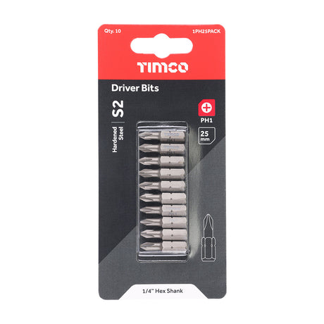 This is an image of Timco - S2 Driver Bits - PH No.1 x 25 (10 Pieces Blister Pack) 1PH25PACK