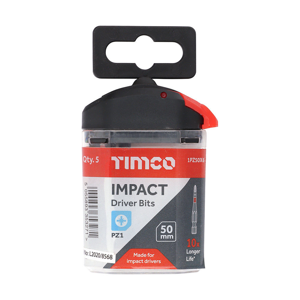 This is an image of Timco - Impact Driver Bits - PZ No.1 x 50 (5 Pieces Handy Bit Pack) 1PZ50X6