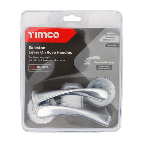 This is an image of Timco - Edleston Lever On Rose Handles - Polished & Satin Chrome 51mm (1 Pairs Blister Pack) 200010