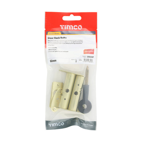 This is an image of Timco - Door Rack Bolts - Electro Brass 60mm (2 Pieces TIMpac) 200020P