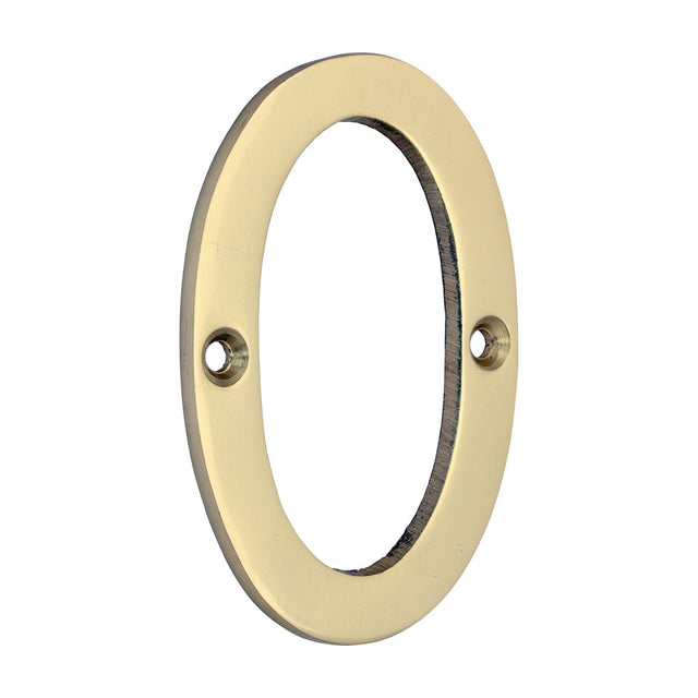 This is an image of Timco - Door Numeral 0 - Polished Brass 81mm (1 Each TIMpac) 200022P