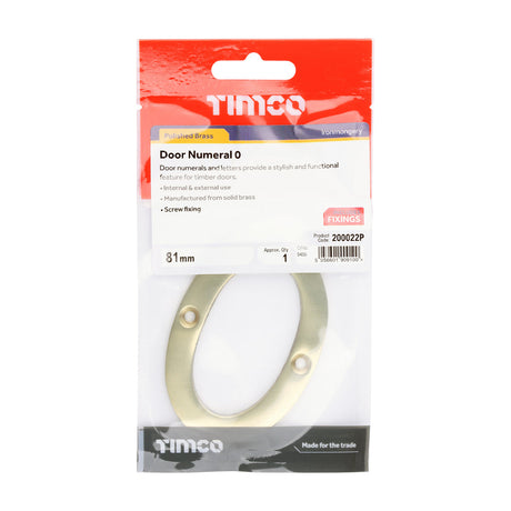 This is an image of Timco - Door Numeral 0 - Polished Brass 81mm (1 Each TIMpac) 200022P