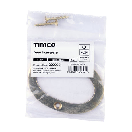 This is an image of Timco - Door Numeral 0 - Polished Brass 81mm (1 Each Bag) 200022