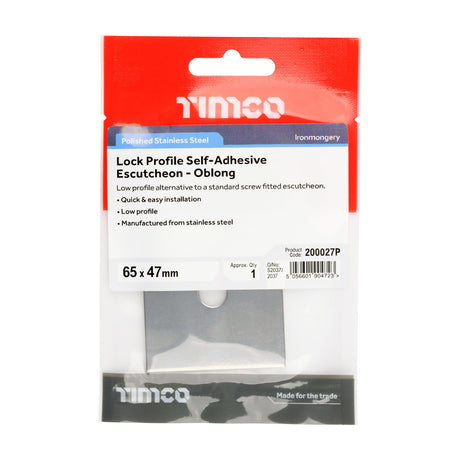 This is an image of Timco - Lock Profile Self-Adhesive Escutcheon - Oblong - Polished Stainless Steel 65 x 47 (1 Each TIMpac) 200027P