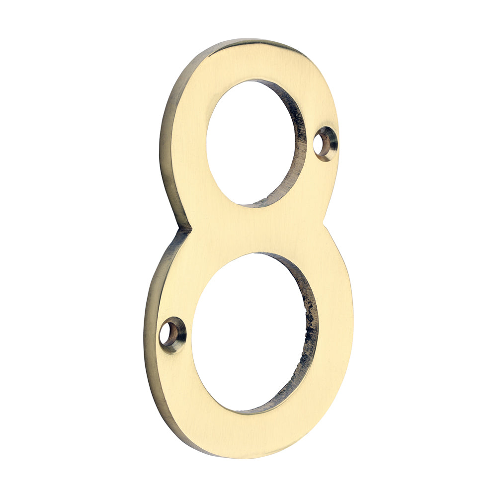 This is an image of Timco - Door Numeral 8 - Polished Brass 75mm (1 Each TIMpac) 200036P