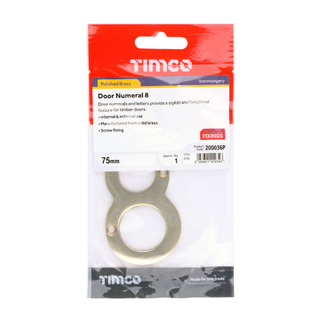 This is an image of Timco - Door Numeral 8 - Polished Brass 75mm (1 Each TIMpac) 200036P