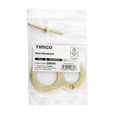 This is an image of Timco - Door Numeral 8 - Polished Brass 75mm (1 Each Bag) 200036