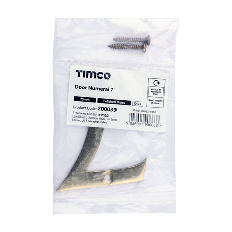 This is an image of Timco - Door Numeral 7 - Polished Brass 75mm (1 Each Bag) 200039