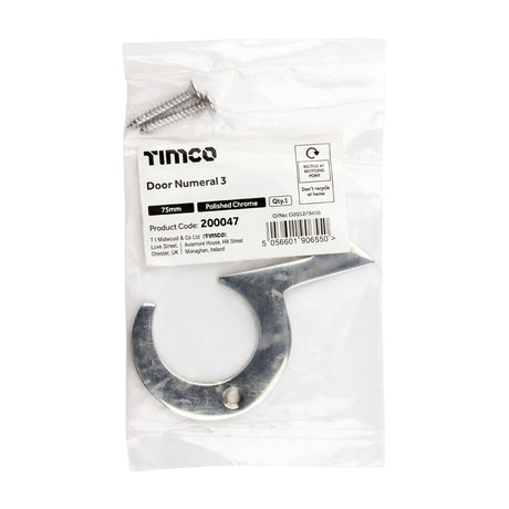 This is an image of Timco - Door Numeral 3 - Polished Chrome 75mm (1 Each Bag) 200047