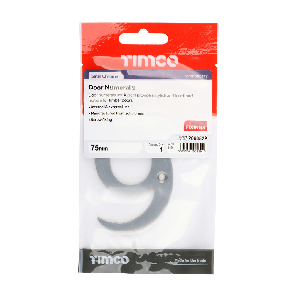 This is an image of Timco - Door Numeral 9 - Satin Chrome 75mm (1 Each TIMpac) 200052P