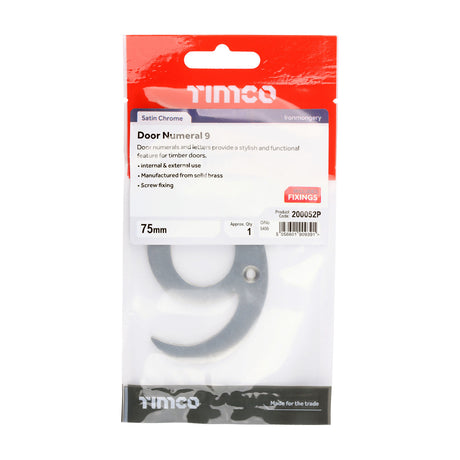 This is an image of Timco - Door Numeral 9 - Satin Chrome 75mm (1 Each TIMpac) 200052P