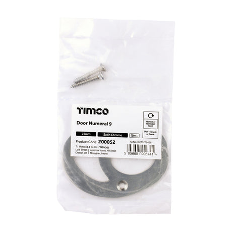 This is an image of Timco - Door Numeral 9 - Satin Chrome 75mm (1 Each Bag) 200052
