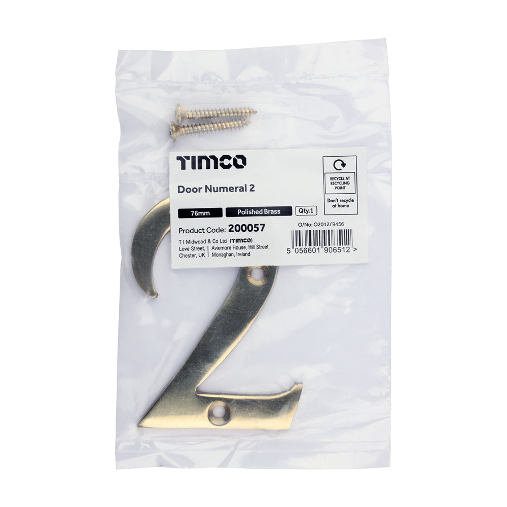 This is an image of Timco - Door Numeral 2 - Polished Brass 76mm (1 Each Bag) 200057