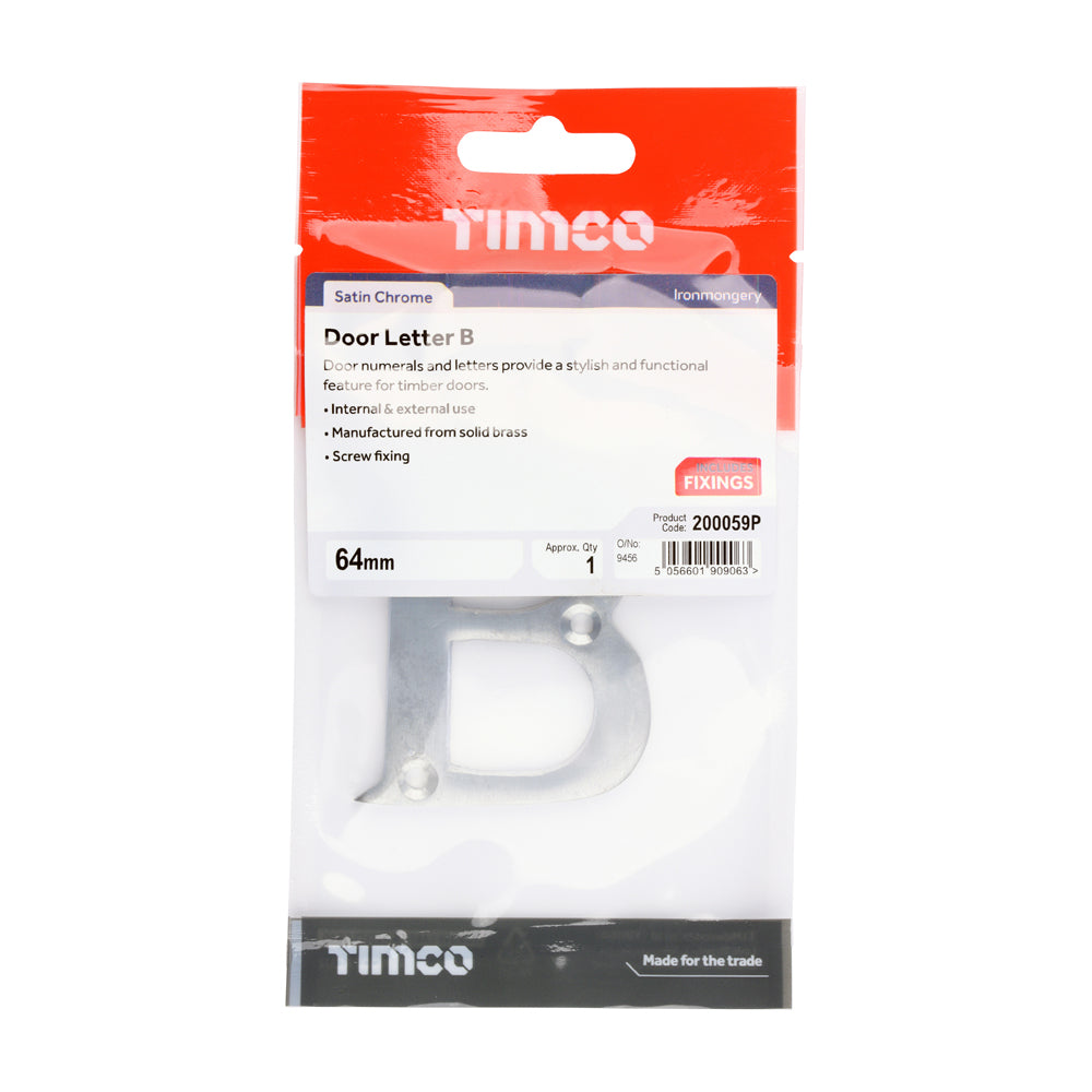 This is an image of Timco - Door Letter B - Satin Chrome 64mm (1 Each TIMpac) 200059P
