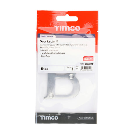 This is an image of Timco - Door Letter B - Satin Chrome 64mm (1 Each TIMpac) 200059P