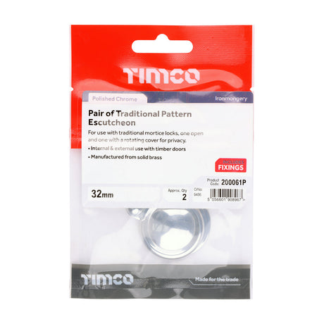 This is an image of Timco - Pair of Traditional Pattern Escutcheon - Polished Chrome 32mm (1 Pairs TIMpac) 200061P