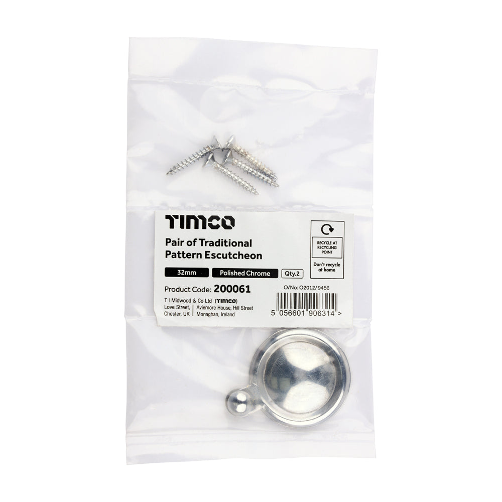 This is an image of Timco - Pair of Traditional Pattern Escutcheon - Polished Chrome 32mm (1 Pairs Bag) 200061