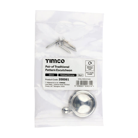 This is an image of Timco - Pair of Traditional Pattern Escutcheon - Polished Chrome 32mm (1 Pairs Bag) 200061