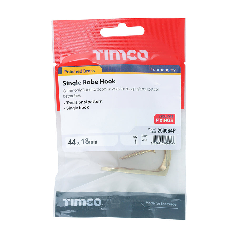 This is an image of Timco - Single Robe Hook - Polished Brass 44 x 18mm (1 Each TIMpac) 200064P
