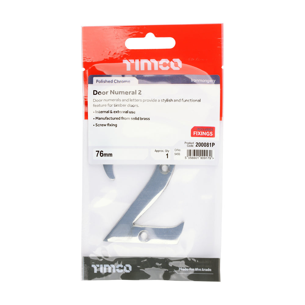 This is an image of Timco - Door Numeral 2 - Polished Chrome 76mm (1 Each TIMpac) 200081P