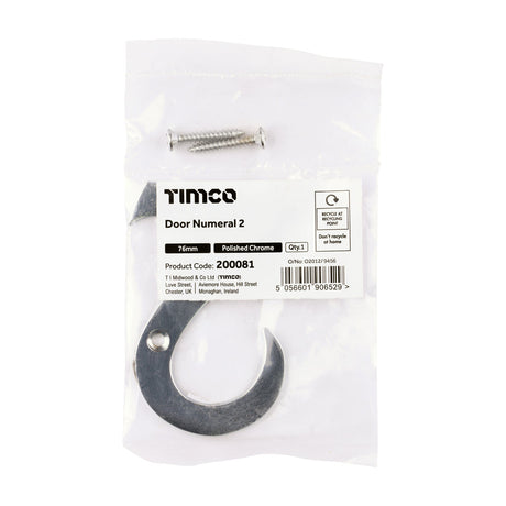 This is an image of Timco - Door Numeral 2 - Polished Chrome 76mm (1 Each Bag) 200081