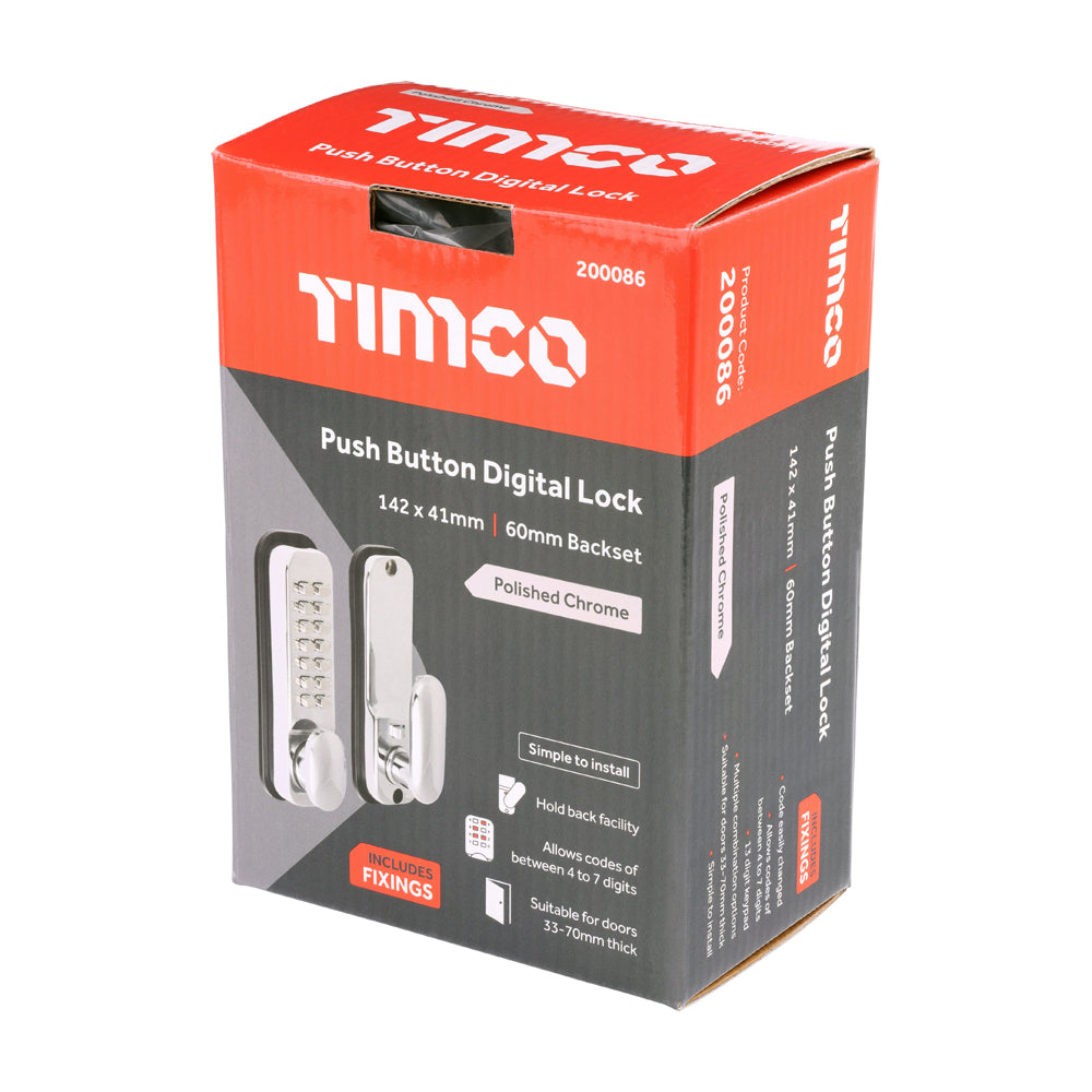 This is an image of Timco - Push Button Digital Lock - Polished Chrome 142 x 41 (1 Each Box) 200086