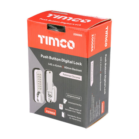 This is an image of Timco - Push Button Digital Lock - Polished Chrome 142 x 41 (1 Each Box) 200086