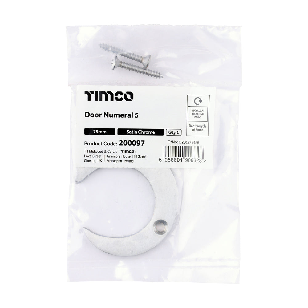 This is an image of Timco - Door Numeral 5 - Satin Chrome 75mm (1 Each Bag) 200097