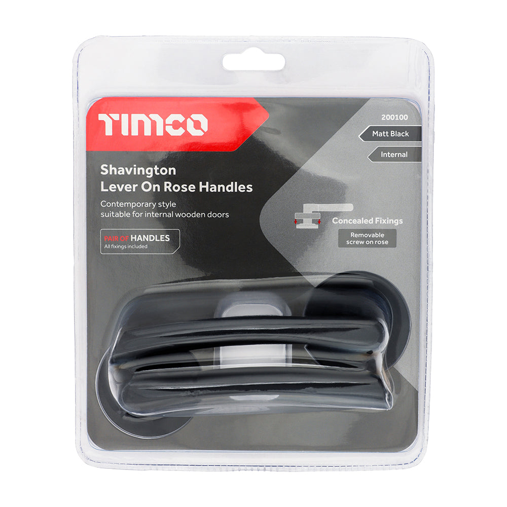 This is an image of Timco - Shavington Lever On Rose Handles - Matt Black 51mm (1 Pairs Blister Pack) 200100